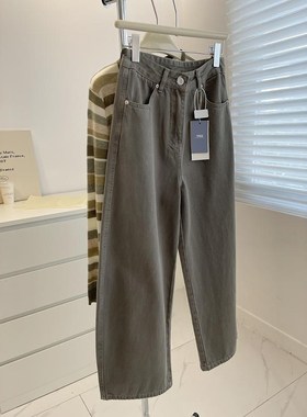 速发高ji个复!军绿色香蕉牛仔裤古秋小感子高腰阔腿休闲裤九分