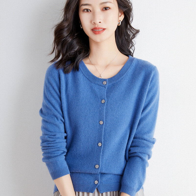 高货速发圆领开衫外套女宽松大码纯色针织衫春秋薄款长袖毛衣外搭