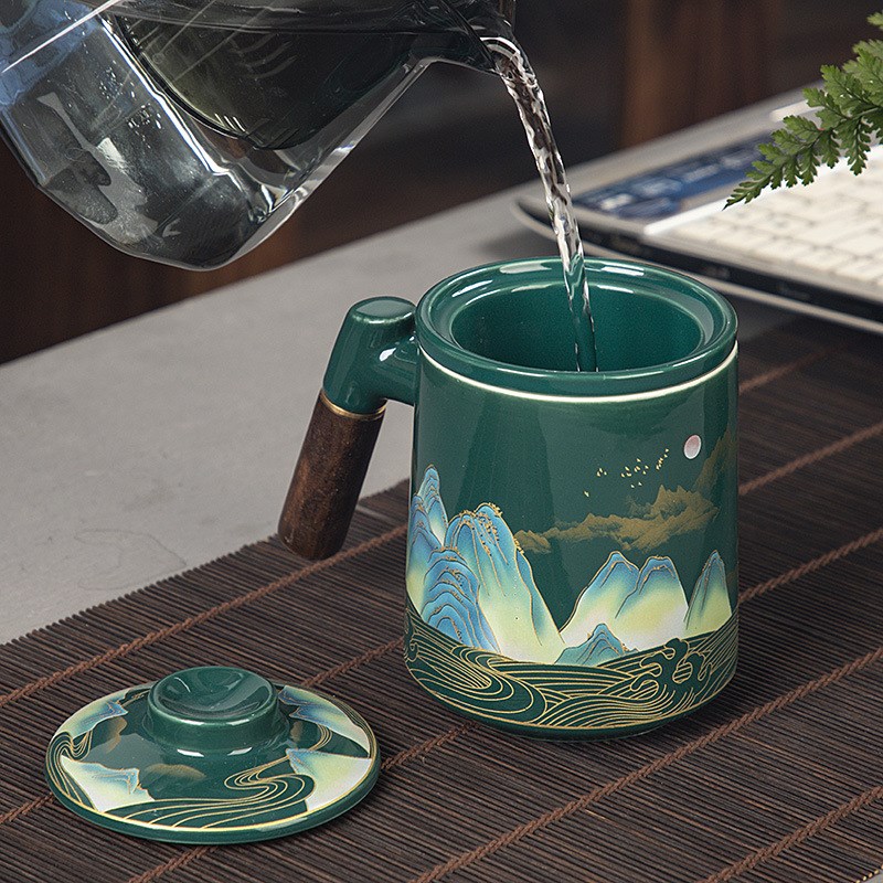 速发喝颜值办公杯创意高陶瓷杯子茶水分实带盖木柄水杯离用礼品广