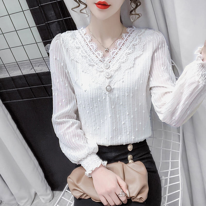 现货速发雪纺衫女2024春季新款蕾丝打底上衣韩版长袖小衫春秋百搭