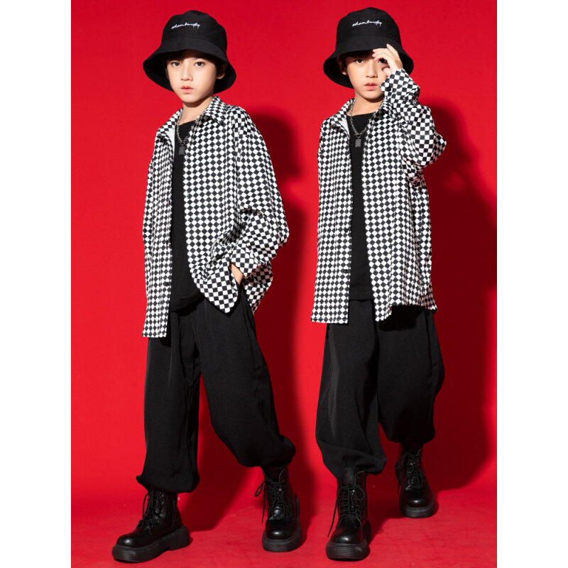 高货速发街舞儿童潮服男童嘻哈童装秋季长袖格子衬衫hiphop女童潮