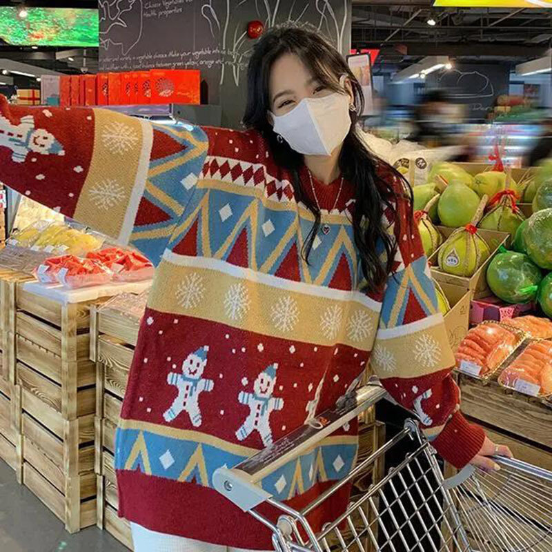 高货速发中长款慵懒风韩版圣诞雪人彩色套头毛衣大码宽松显瘦提花