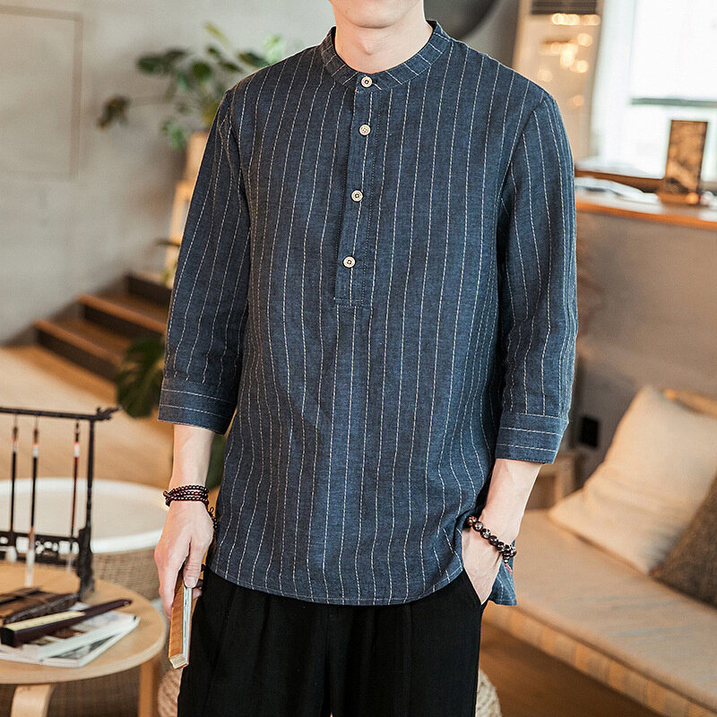 高货速发夏季复古衬衣肥佬大码中国风男衬衫七分袖宽松胖子圆领条