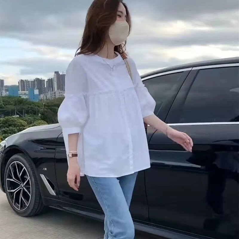 现货速发温柔女设计感小众上衣白色衬衫娃娃衫短袖甜美韩系减龄法