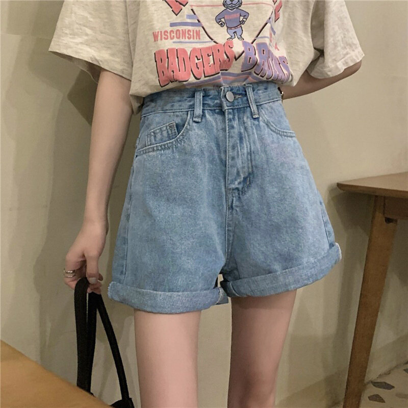 高货速发卷边牛仔短裤女夏薄款ins风高腰显瘦休闲阔腿裤宽松大码a