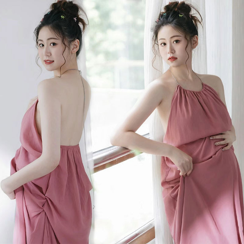高货速发孕妇照服装新款影楼粉色性感露背针织连衣裙摄影孕妇照衣