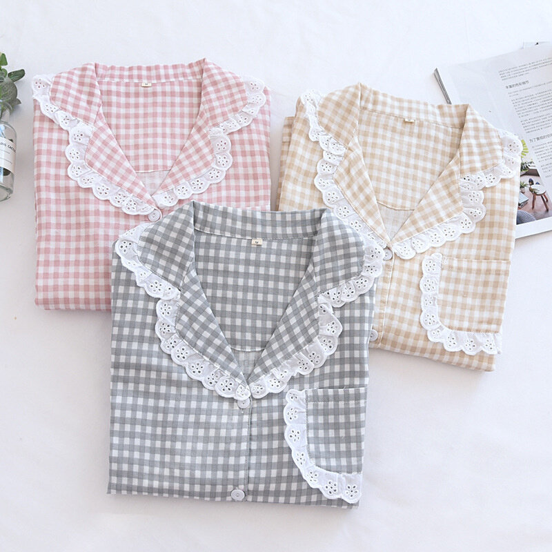 高货速发夏季新款蕾丝棉质双层纱布家居服棉质长袖家居服女士格子
