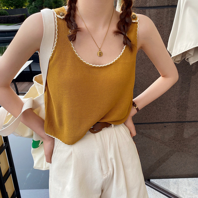 现货绿色女夏宽松外穿设计感小众E白色吊带外搭宽肩带花边上衣