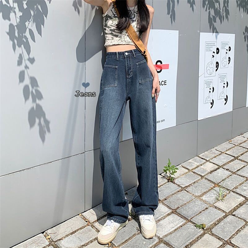 高货速发港味BF风阔腿牛仔裤女秋新款设计感高腰宽松显瘦垂感直筒