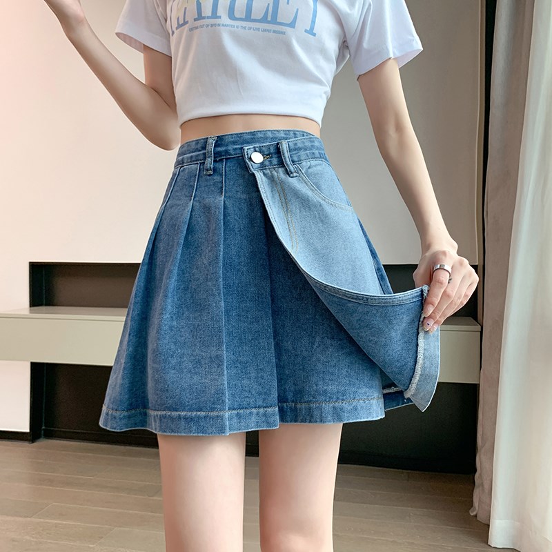速发开叉牛仔短裙夏季裙a半腰大码防走光裤字高身百褶裙子