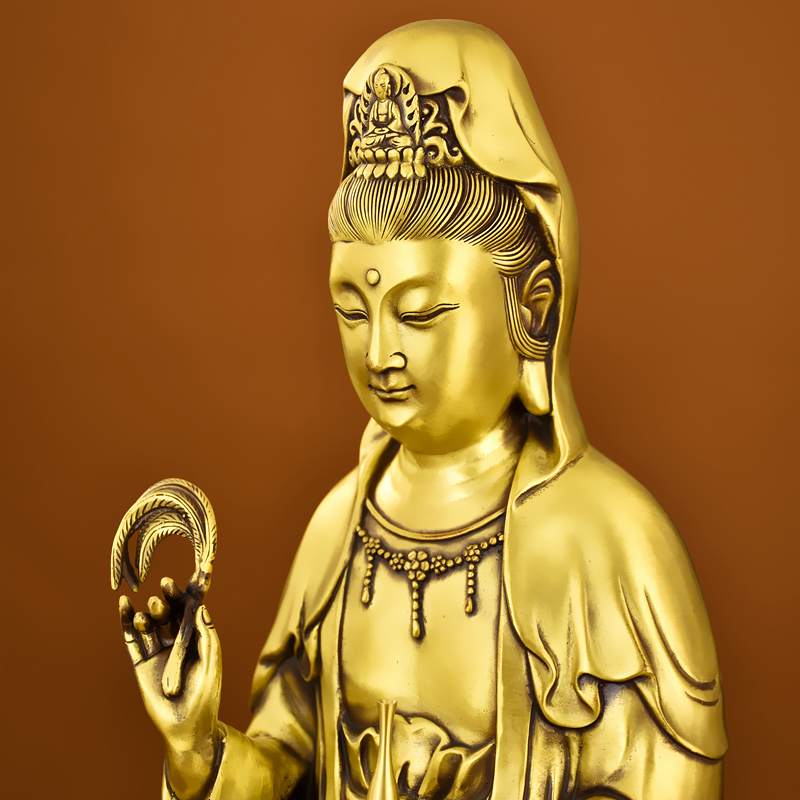 速发纯铜南海观音菩萨佛像家居摆件幸福观世音平安佛铜像法轮送子