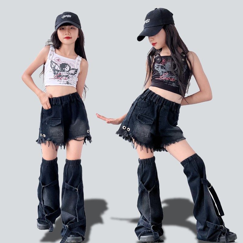 速发儿 童两节牛仔裤服装孩潮流街舞套装酷帅炸街街舞爵士舞服装