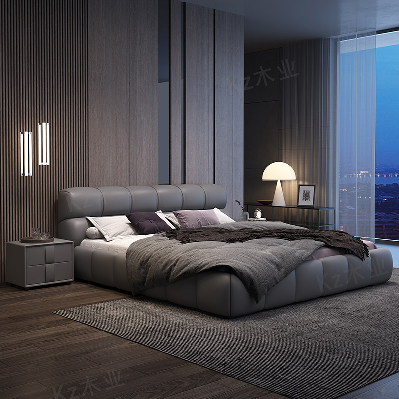 速发真皮床现代简约主卧大床轻奢高端大气婚床榻榻米泡芙床卧室双