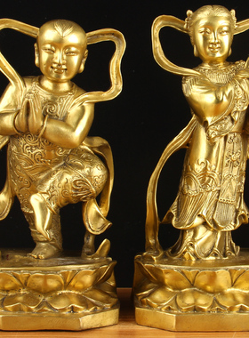 速发1尺铜金童玉 件一对摆铜金童摆件铜 玉摆件