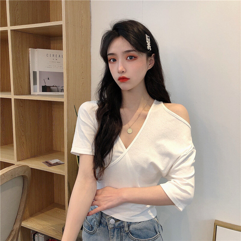 高货速发韩版白色短袖T恤女装夏季2024新款设计感高腰露肩短款上