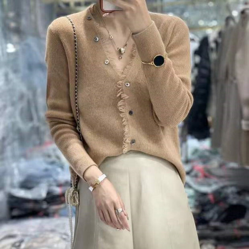 高货速发春秋季新款流苏开衫外套针织女装宽松百搭毛衣V领外搭上