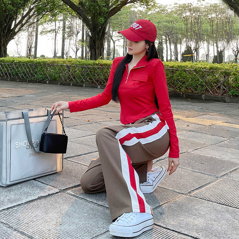 高货速发休闲时尚阔腿裤套装女2023春秋季半拉链修身上衣阔腿拼色
