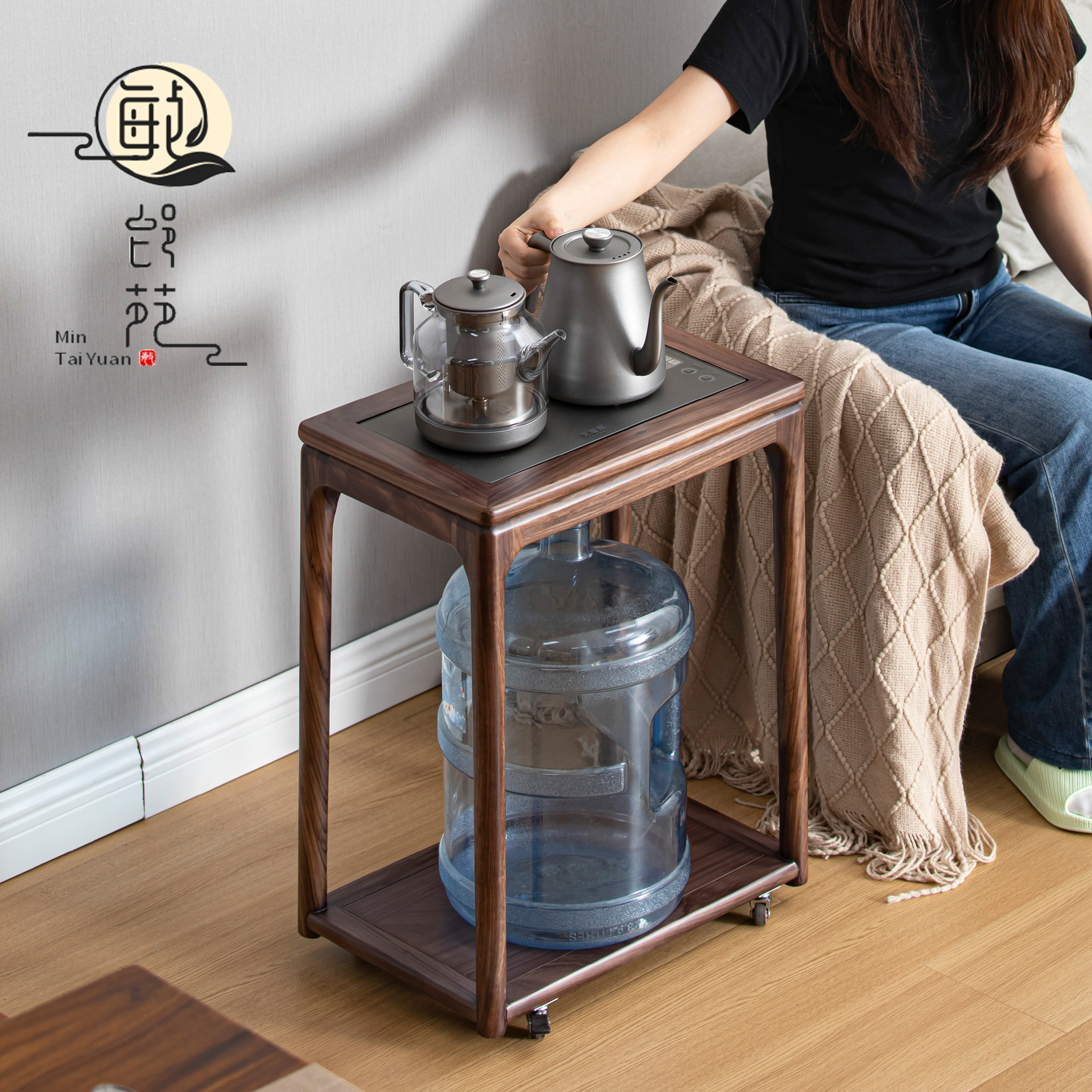 黑胡桃木茶水架家用客厅实木沙发边几烧水壶一体花架鱼缸架凳子