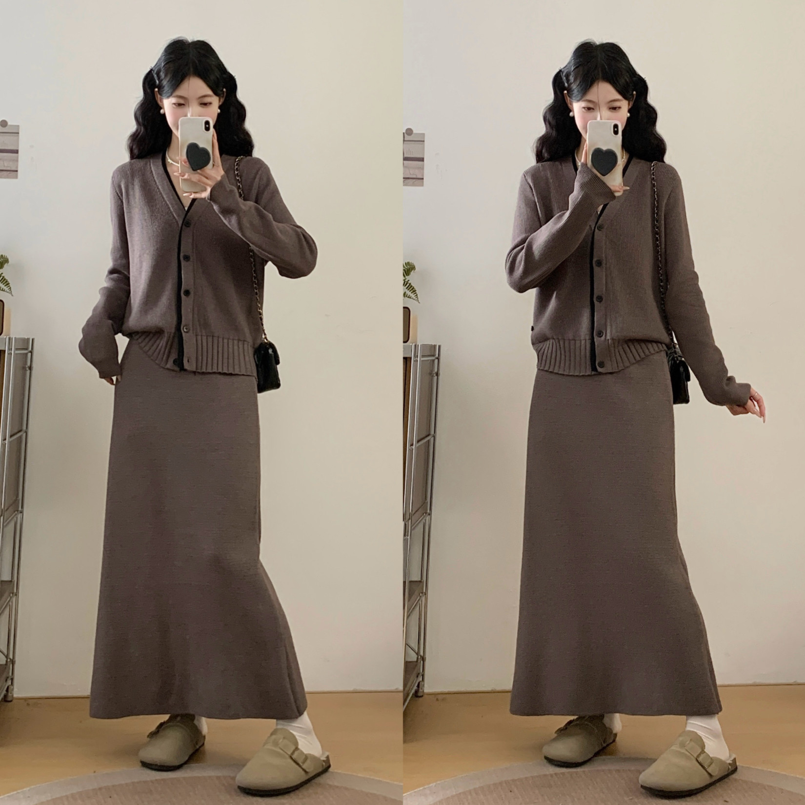 实拍秋冬新款韩版胖妹妹显瘦两件套女装上衣开衫套装裙女装