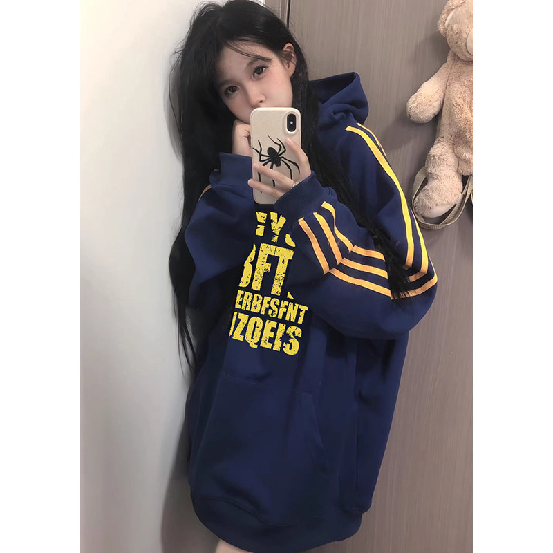国潮美式复古藏青色三条杠连帽卫衣男女春秋薄款撞色高街情侣外套