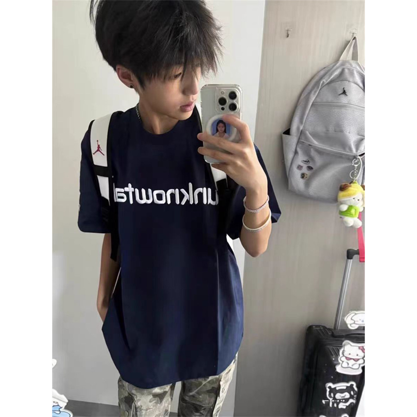 美式国潮牌短袖T恤男女藏青色字母刺绣宽松百搭高街情侣上衣ins潮