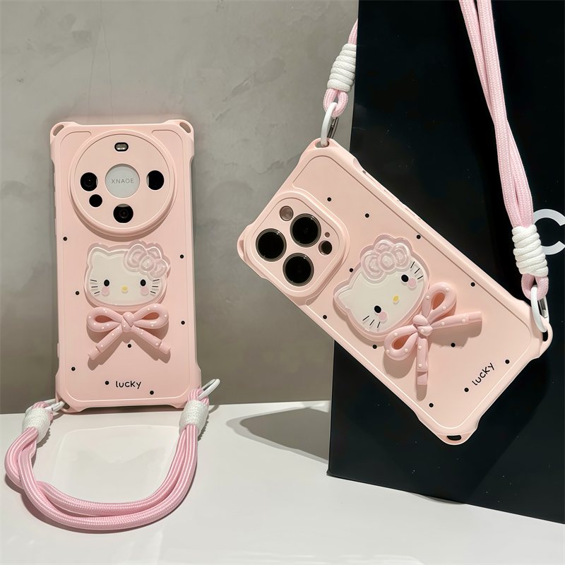 全机型粉波点立体kt猫四角挂绳壳