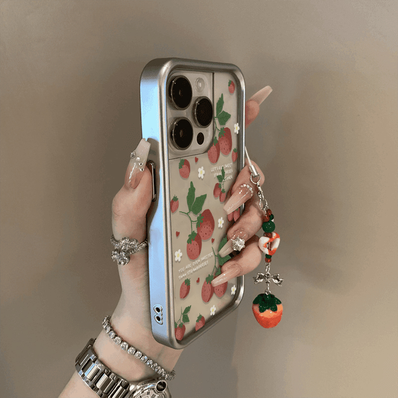 ins日韩简约草莓绿叶适用iPhone15promax手机壳苹果14pro新款11电镀13pro防摔15透明12卡通华为p60全包手机套