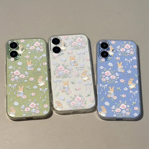 春天碎花兔子适用iphone17promax手机壳苹果16/15/14新款13华为mate70创意vivos30小米17oppo红米K80荣耀400