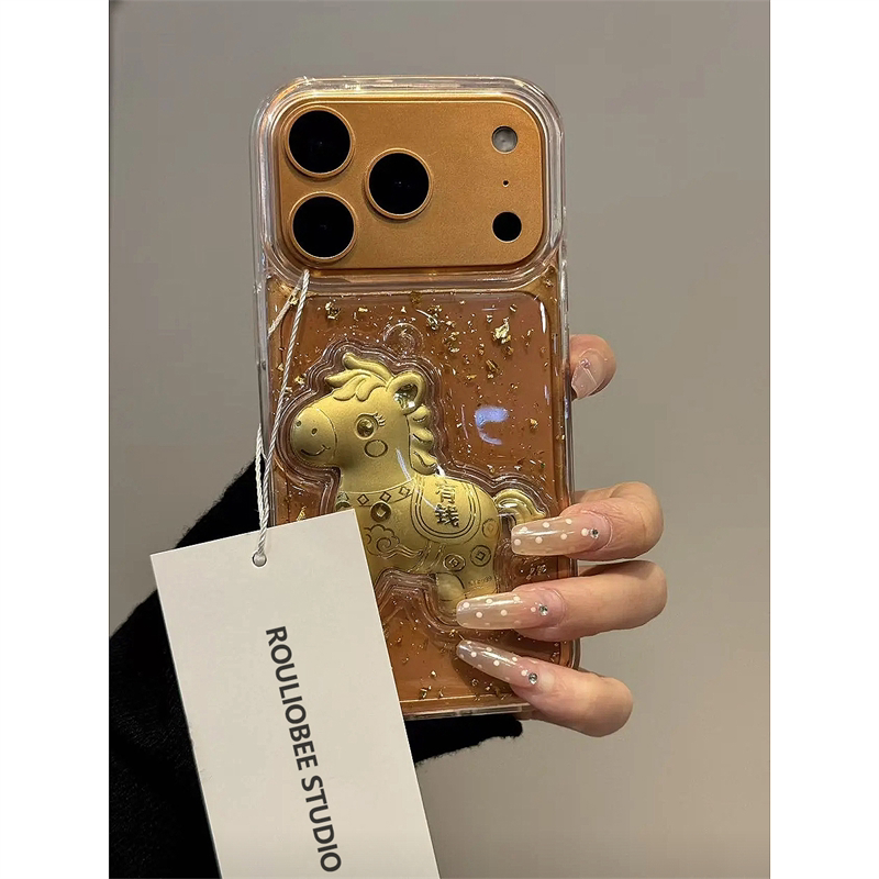 高级感创意ins透底闪金立体有钱金马适用iphone17promax苹果16pro手机壳15财神iphone1413保护套
