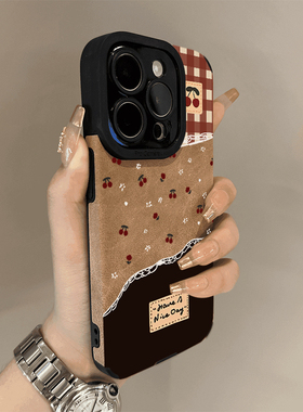 格子小花樱桃适用苹果16promax手机壳iphone16高级感15pro翻毛皮13全包14小众12防摔11秋冬8plus女xs保护max