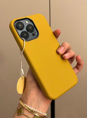 秋冬黄色复古皮纹适用苹果16手机壳新款纯色iphone15promax金属大孔14高级13男女12小众11超薄17promax磨砂15