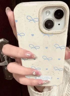 蓝色小蝴蝶结创意小麦壳适用14苹果15手机壳14pro max少女心iPhone13新款15pro硅胶12麦秆11小众xs防摔保护壳