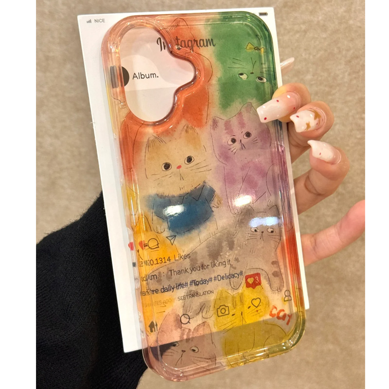 ins高级感半透炫彩猫咪适用苹果16promax新款14pro手机壳iPhone13promax个性创意iPhone16全包边软壳潮