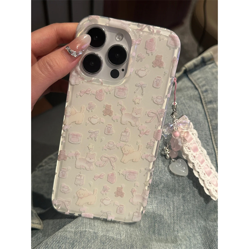 ins蝴蝶结小狗带蕾丝爱心挂绳适用苹果15promax手机壳iPhone16新款13高级感12华为P70荣耀vivo小米14红米oppo