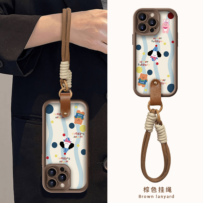 秋冬咖色波点彩色小动物适用苹果16promax手机壳iphone15/14新款13华为mate60pro女荣耀200腕带Reno12挂绳S19
