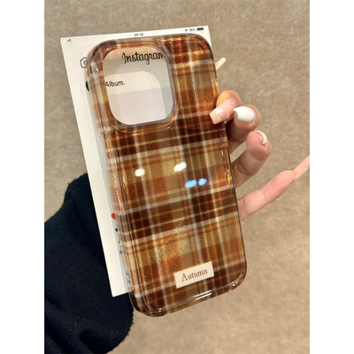 全机型复古美式金棕色格纹手机壳