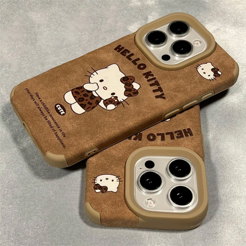 秋冬棕色豹纹kt猫适用苹果17promax手机壳iPhone16新款15翻毛皮13华为P70荣耀300vivoS20小米14红米K80oppo