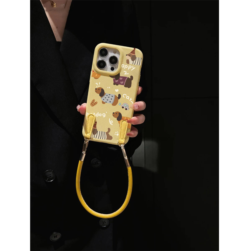 苹果华为卡通奶色系腊肠狗皮纹