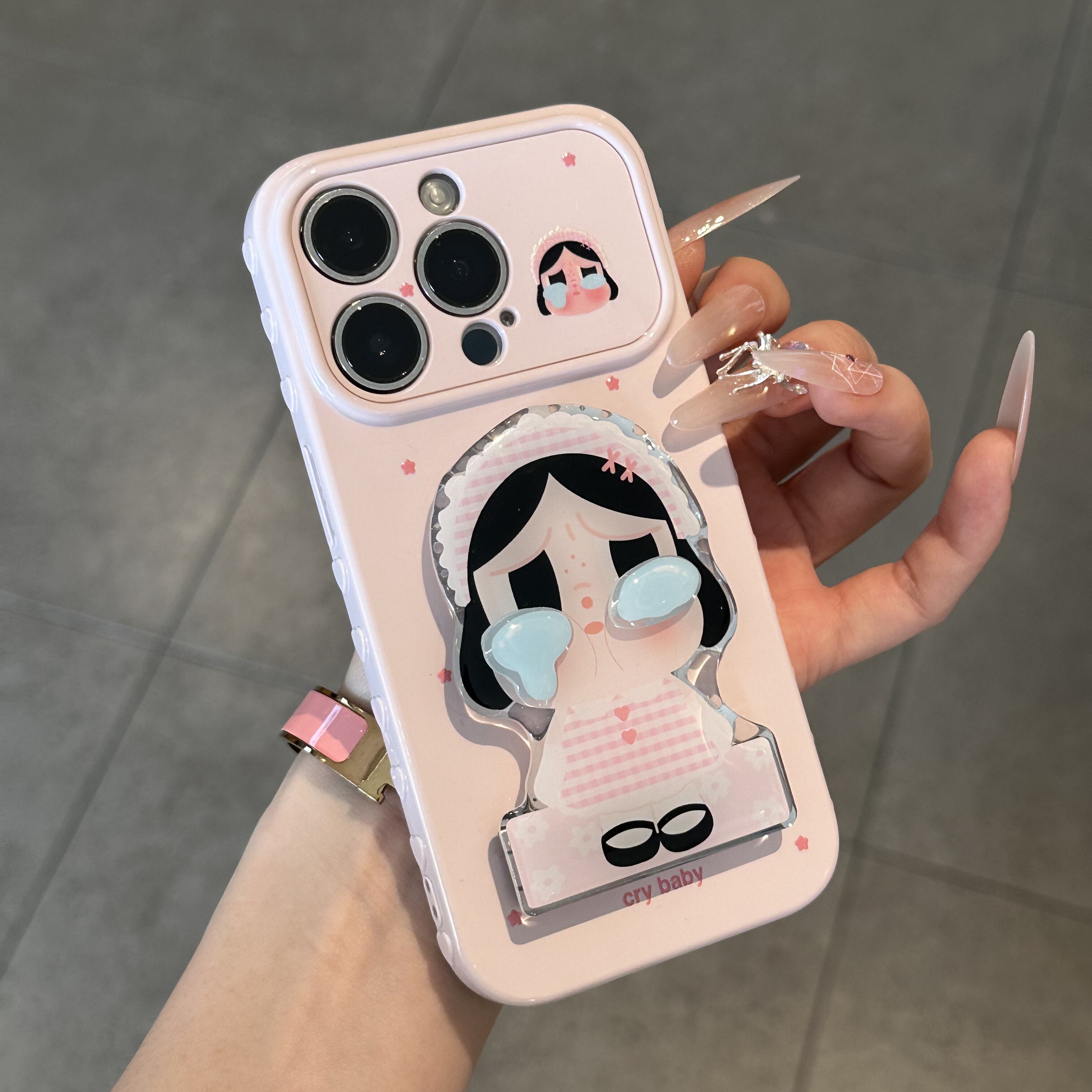 立体粉哭娃镜子支架适用苹果17ProMax手机壳iPhone16Pro带支架大视窗爱心15Plus秒变14软壳13少女心12防摔air