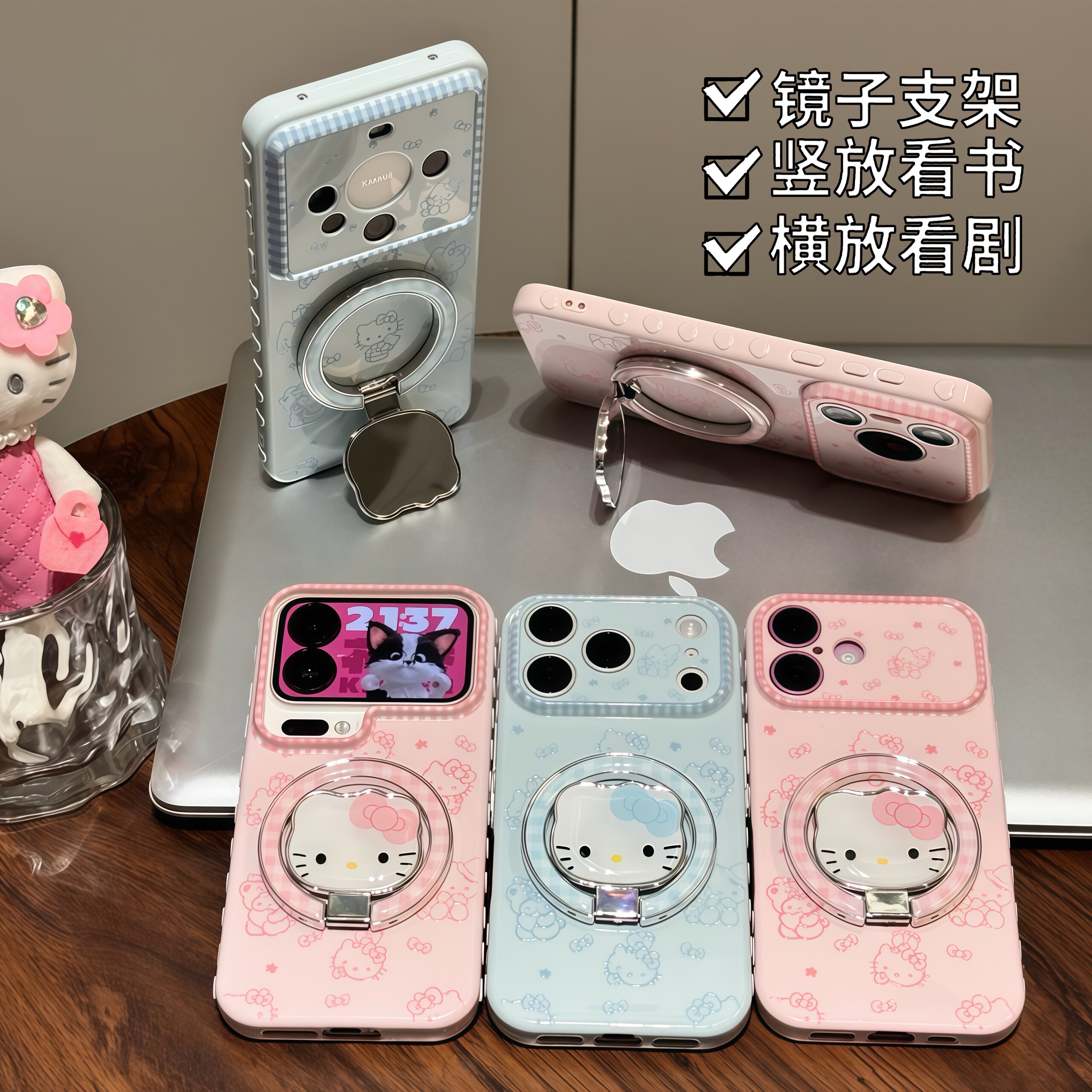 粉蓝猫咪镜子支架适用苹果16手机壳秒变17大视窗华为PURA90情侣NOVA15可爱MATE60PRO超火VIVOS50防摔RENO15粉