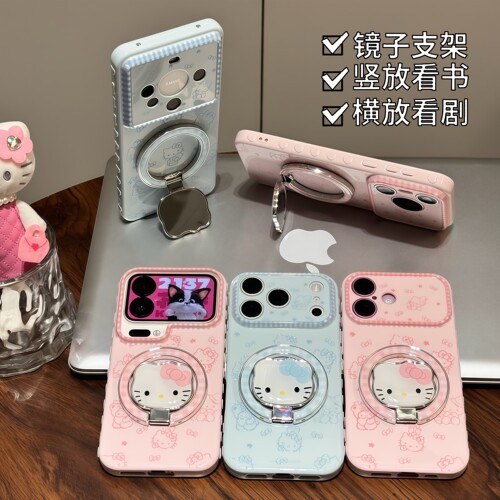 粉蓝猫咪镜子支架适用苹果16手机壳秒变17大视窗华为PURA90情侣NOVA15可爱MATE60PRO超火VIVOS50防摔RENO15粉