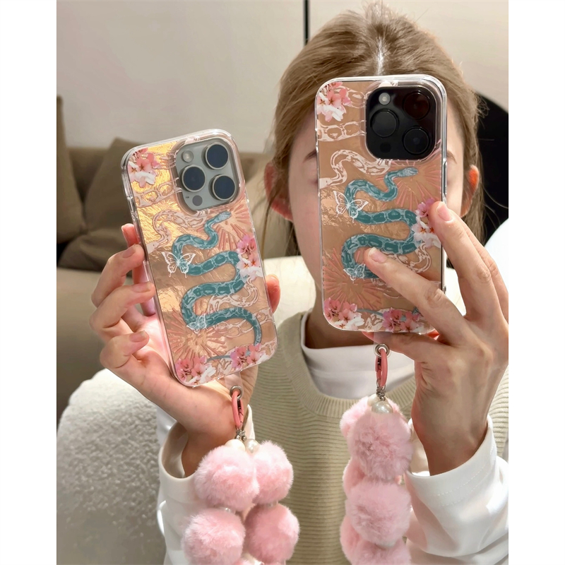 国风粉色烟花双蛇毛球珍珠手链适用苹果15promax手机壳iPhone16新款13高级12华为P70荣耀vivo小米14红米oppo