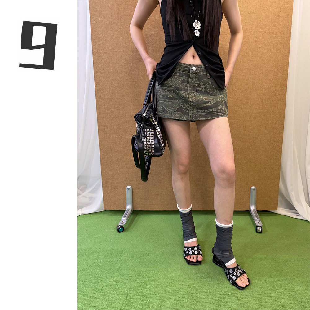 【实拍】美式复古迷彩短裙夏季辣牛仔裤