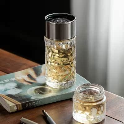 高档隔热原矿水晶杯透明保温杯男士玻璃杯子茶杯带盖过滤礼盒装