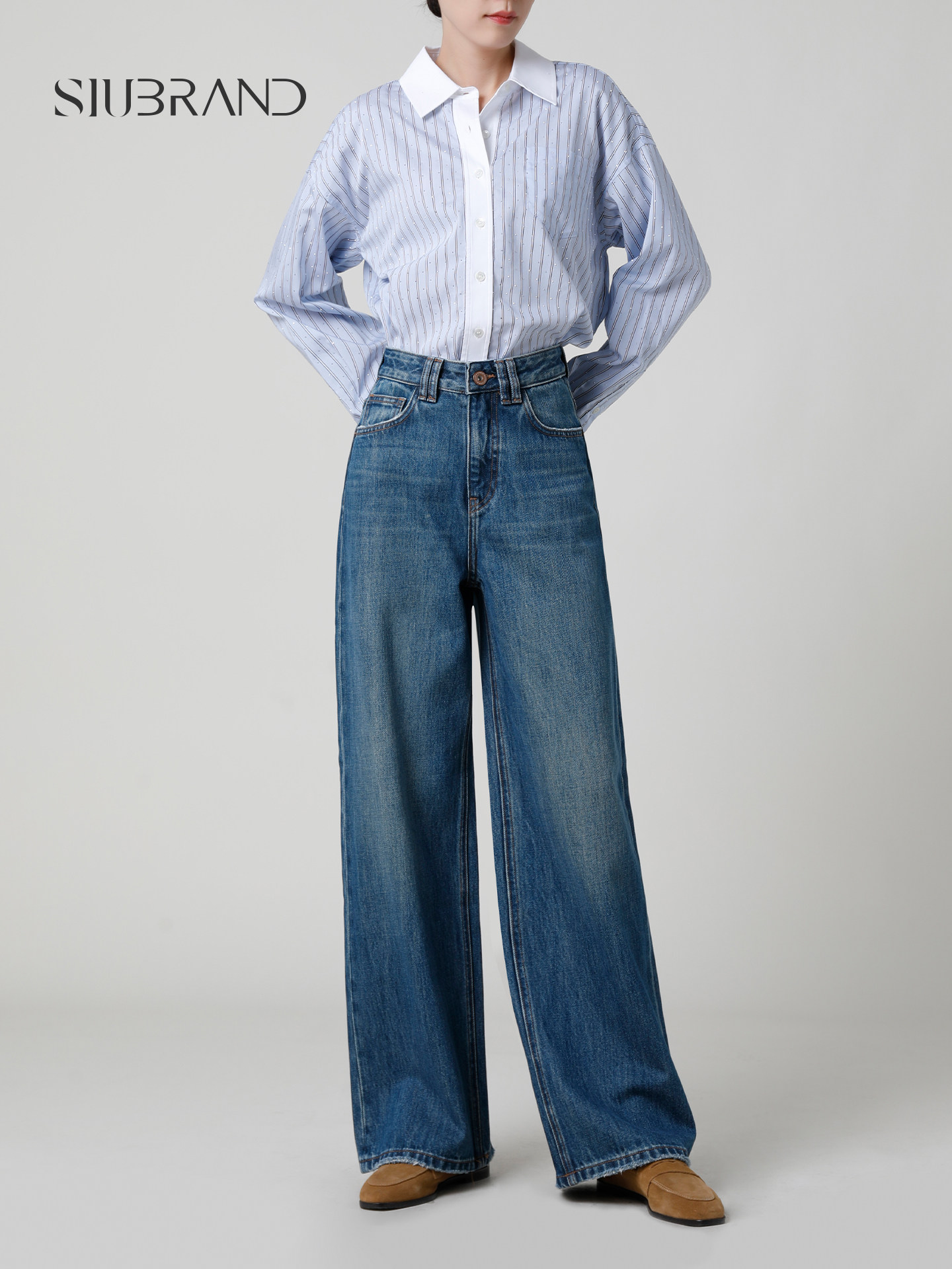 「全棉垂感」高腰阔腿牛仔裤女2025年秋款宽松深蓝色直筒休闲长裤
