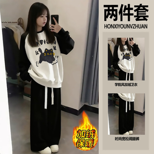 圆领外套加绒裤子女小个子ins穿搭套装初中女学生卫衣女2025新款