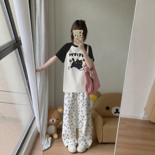 垂感冰絲薄款 韓系初中女學生夏裝 褲 套裝 子白色闊腿褲 盛夏流行風格