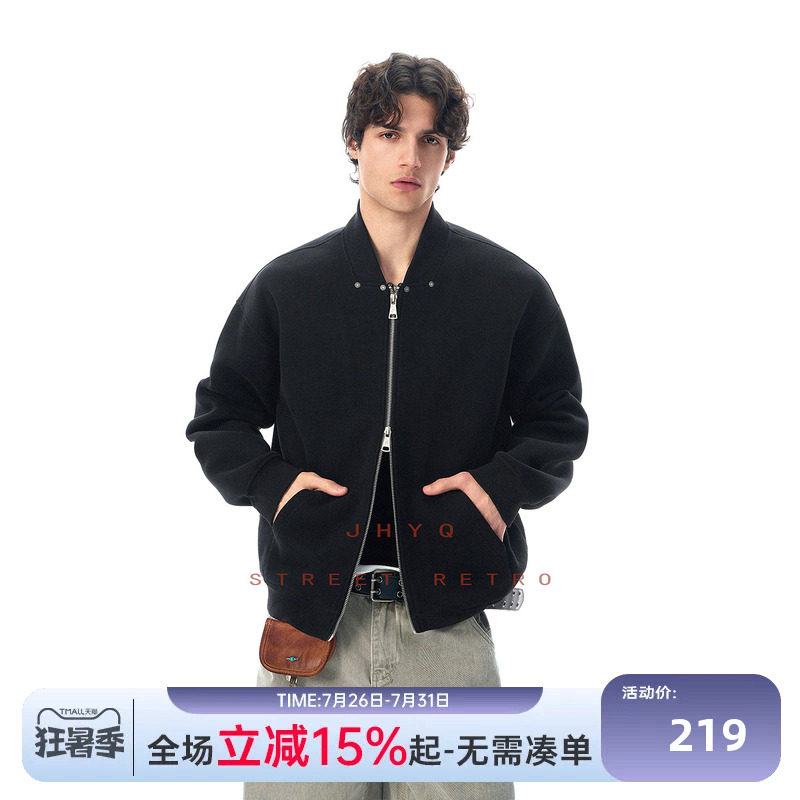 JHYQ简约休闲风黑色棒球领双拉链卫衣男宽松百搭休闲时尚开衫外套