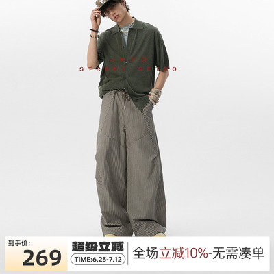 JHYQ美式复古条纹工装裤男宽松慵懒阔腿裤子痞帅高级感直筒长裤
