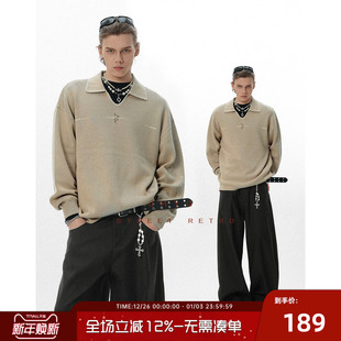 明线设计撞色翻V领毛衣线衣 男秋季 JHYQ净化眼球美式 复古针织衫